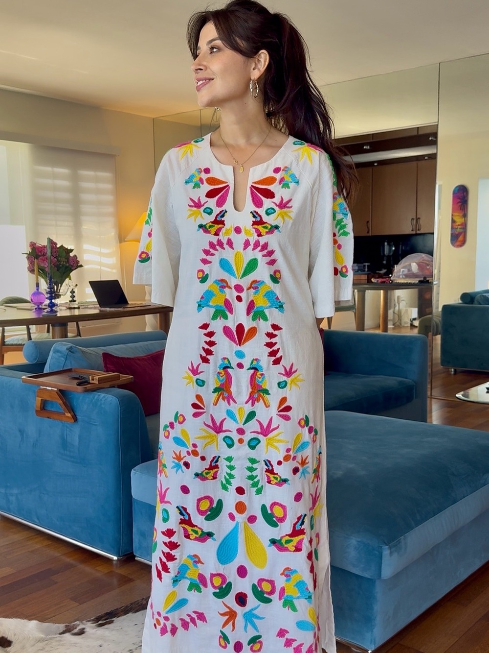 Frances Valentine White Maxi Dress with Multicolor Embroidery